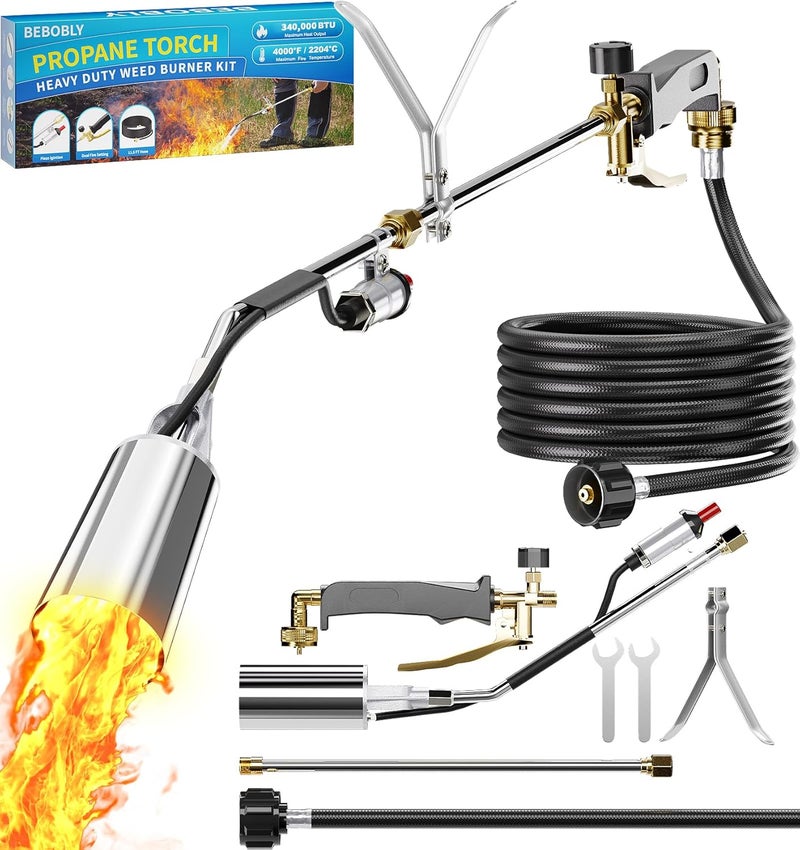 BEBOBLY Propane Torch Weed Burner, High Output with QCC 12 FT Hose, Weed Torch 340,000 BTU Fire Weeder, Heavy Duty Blow Torch FireThrower Gun with Self Igniter for Weeding BBQ Asphalt Snow Melting - Image 1